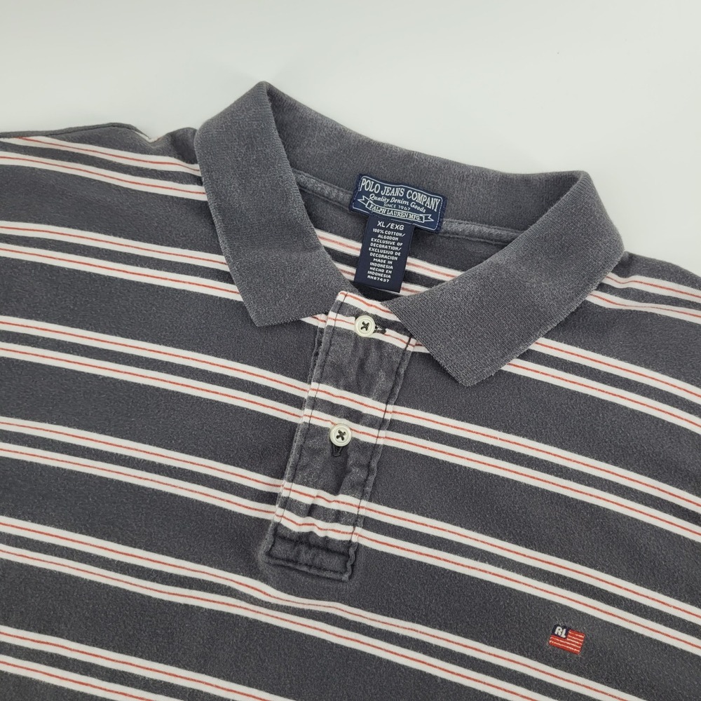 Polo Jeans Company Polo Shirt Mens XL Gray Striped Short Sleeve RL Flag Logo